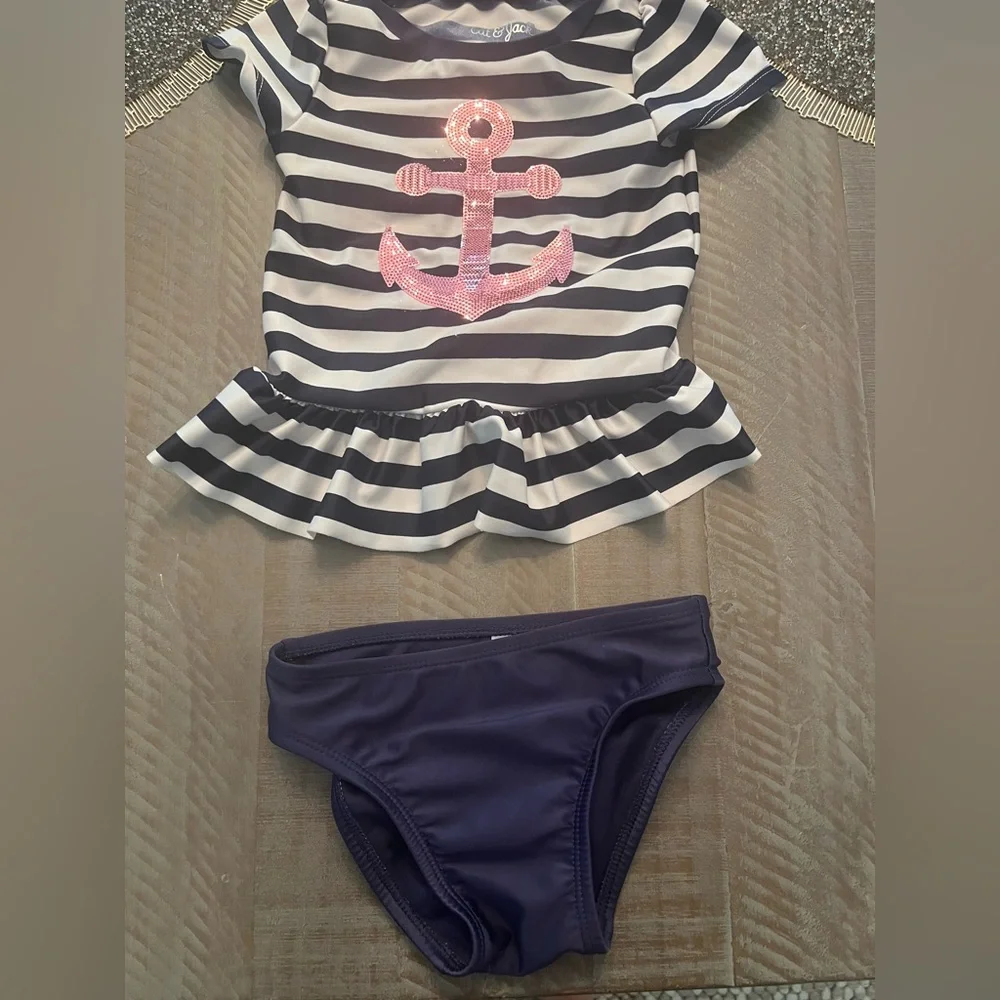 Cat & Jack Size 2T Navy Striped Pink Anchor Swimsuit